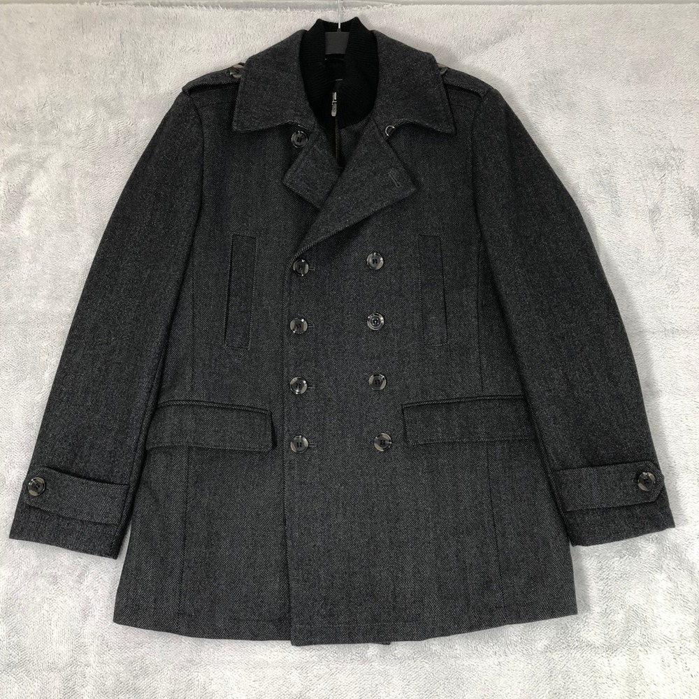 7 Diamonds Pea Coat Mens XL Grey Herringbone Zip Bib Double Breasted Overcoat